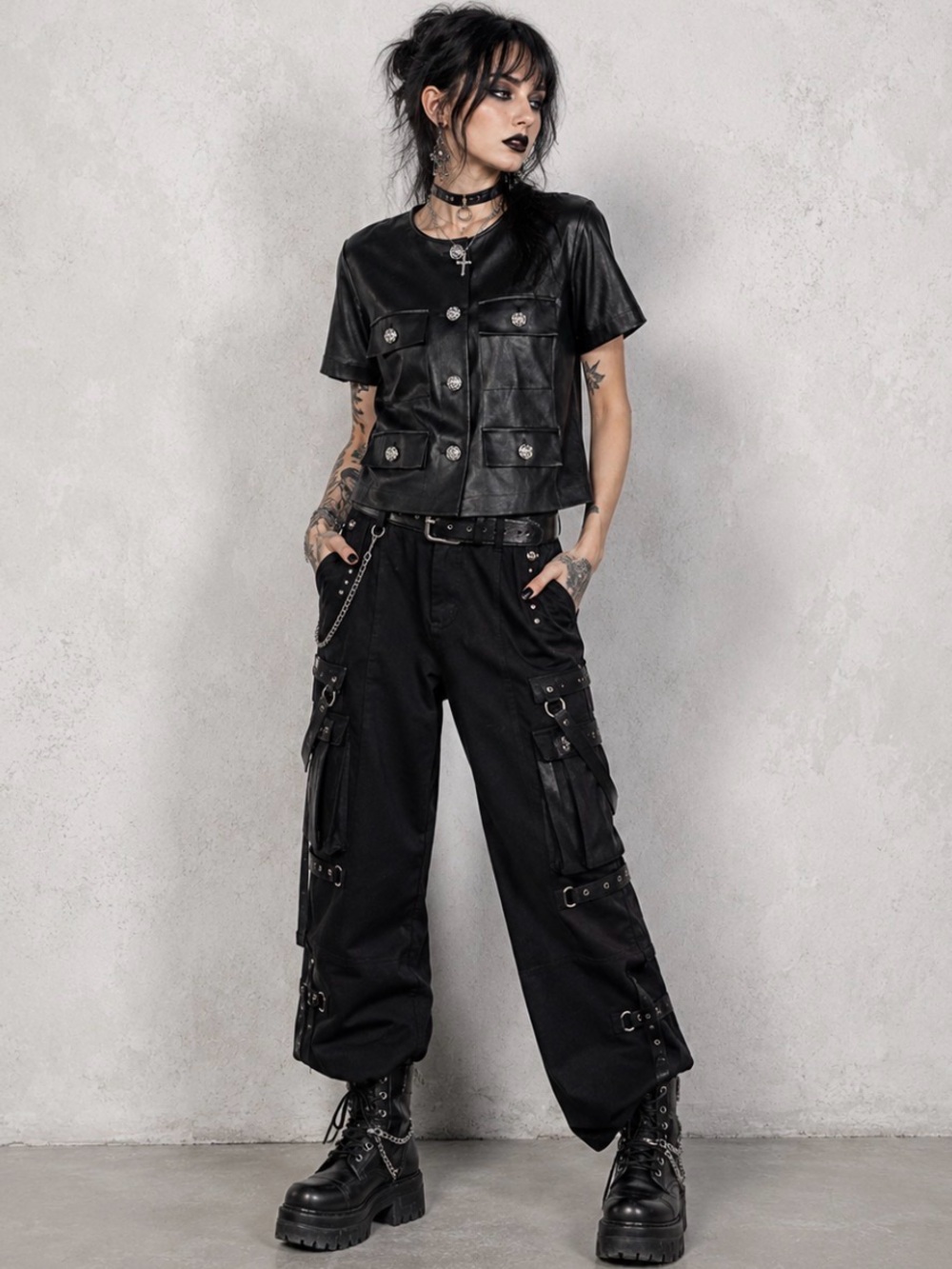 NEW DKNY Jeans Faux Leather Utility Top Black Short Sleeve Moto Grunge Goth Chic